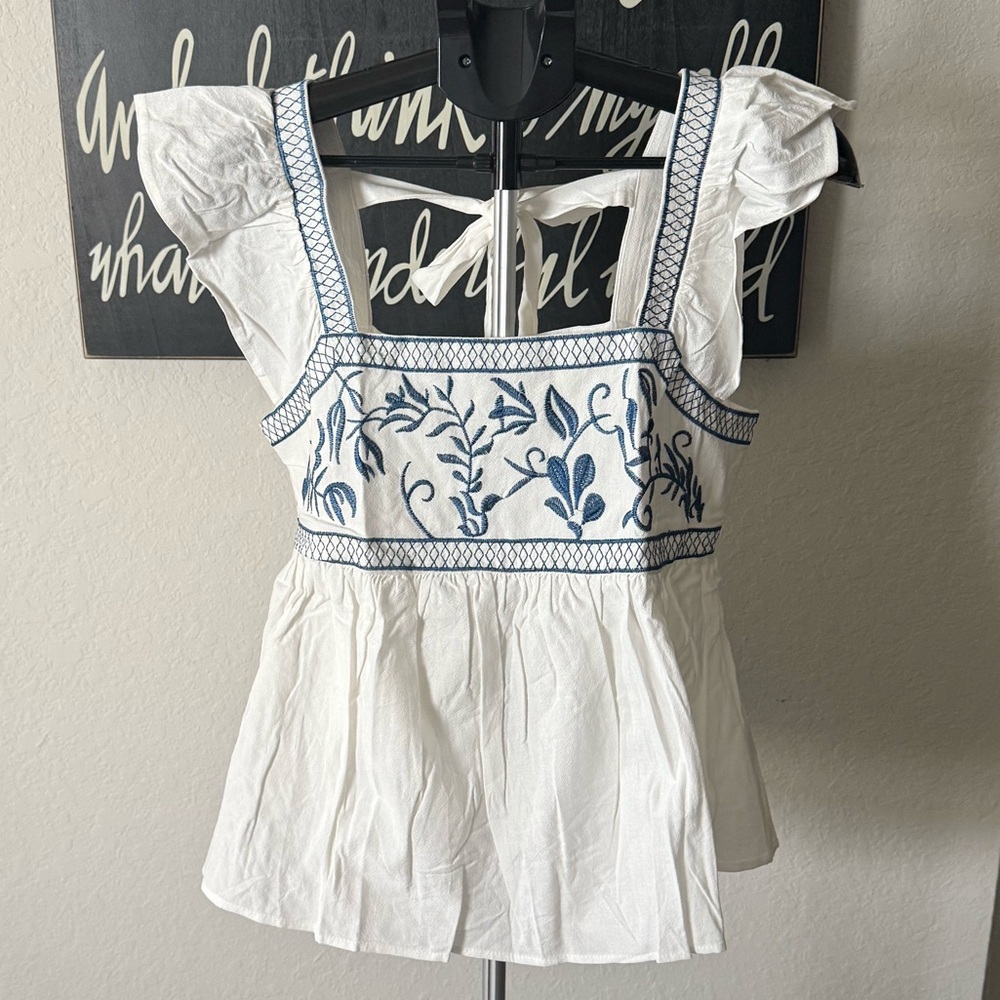 White and Blue Embroidered Peplum Top NEW